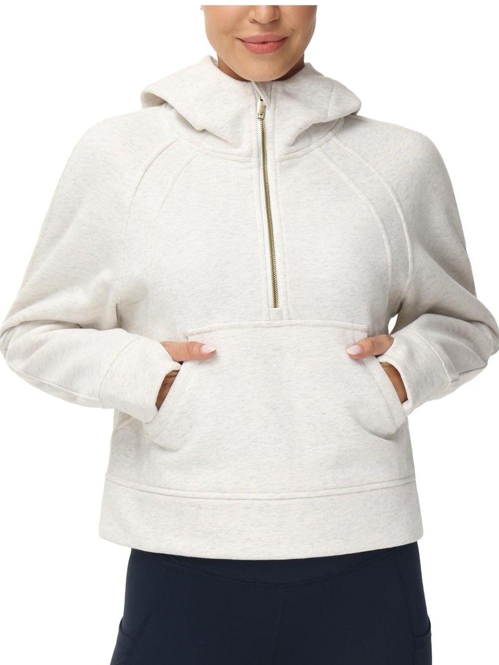 Dragon Fit Half-Zip Hooded Pullover Sweatshirt in Oatmeal Gold Zip Sz L